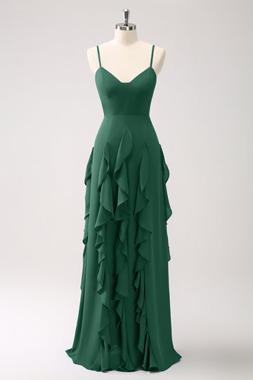 Vestido de dama de honor con tirantes de espagueti azul oscuro de línea A con volantes